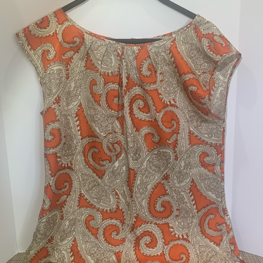 NWOT Talbots cap sleeve button back sheath top orange brown natural paisley 4